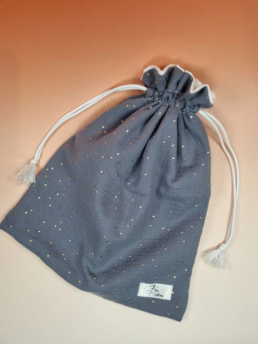 Sac pochon double gaze gris - ELMI Créations
