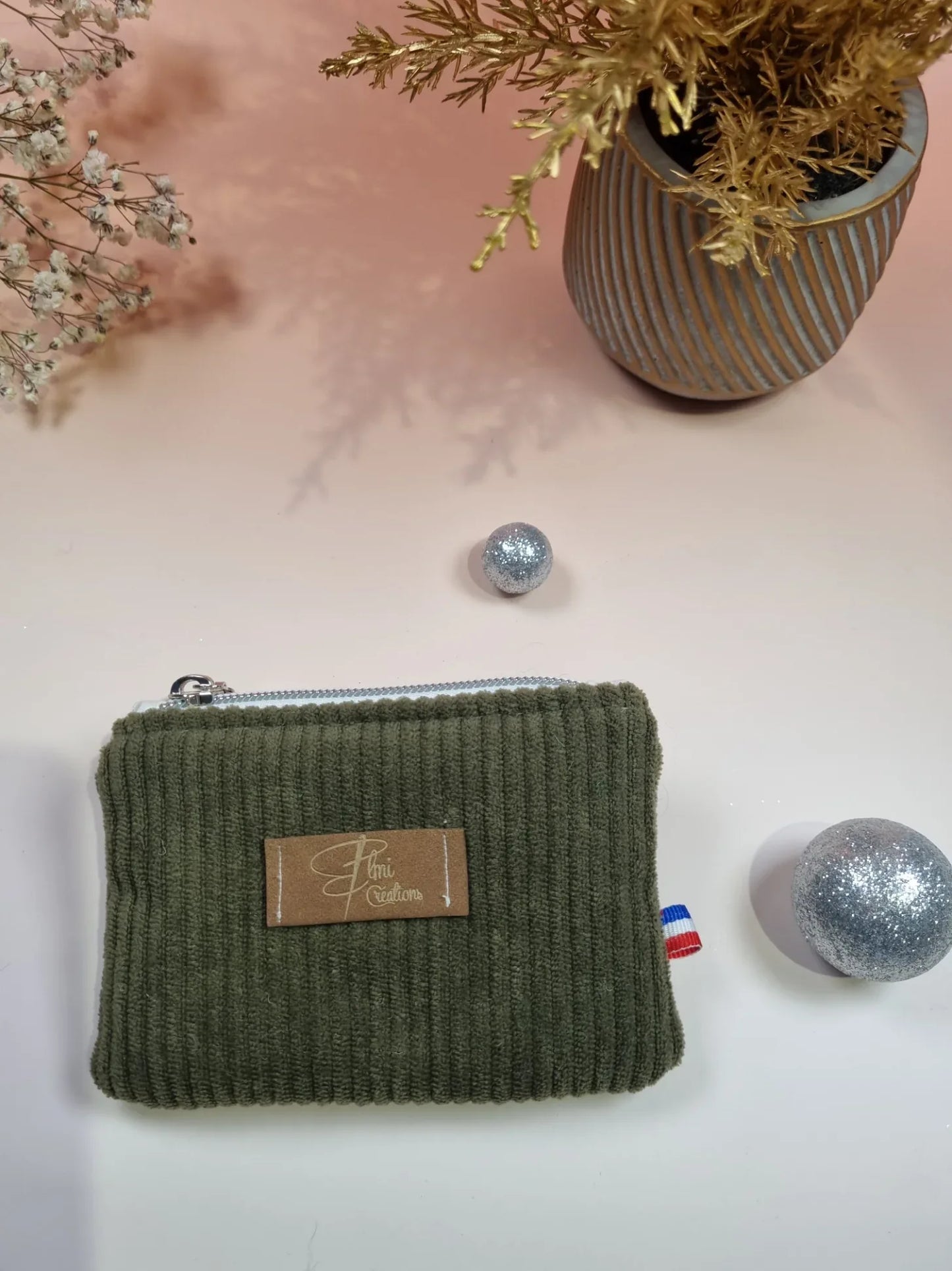 Porte monnaie velours cotelé vert olive - ELMI Créations